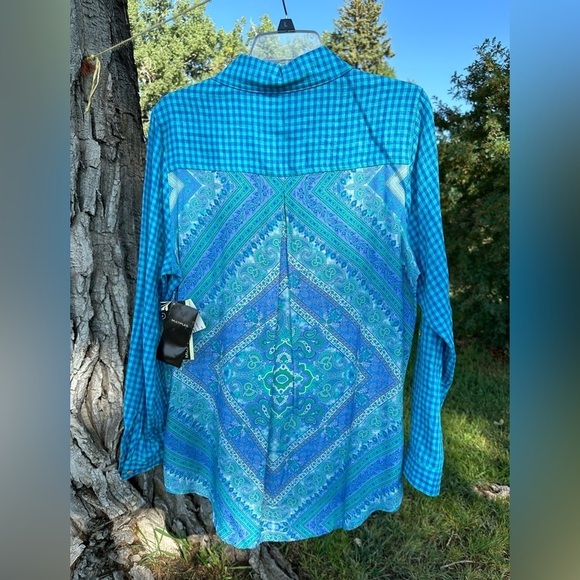 Multiples Paisley & Blue Linen Checkered Button Down Casual Blouse Womens Medium - Picture 15 of 17